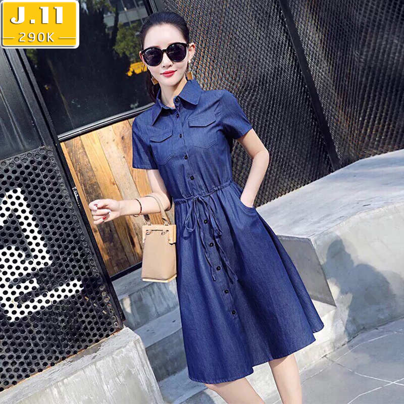 ĐẦM JEAN XOÈ CỔ SƠ MI EO RÚT DÂY